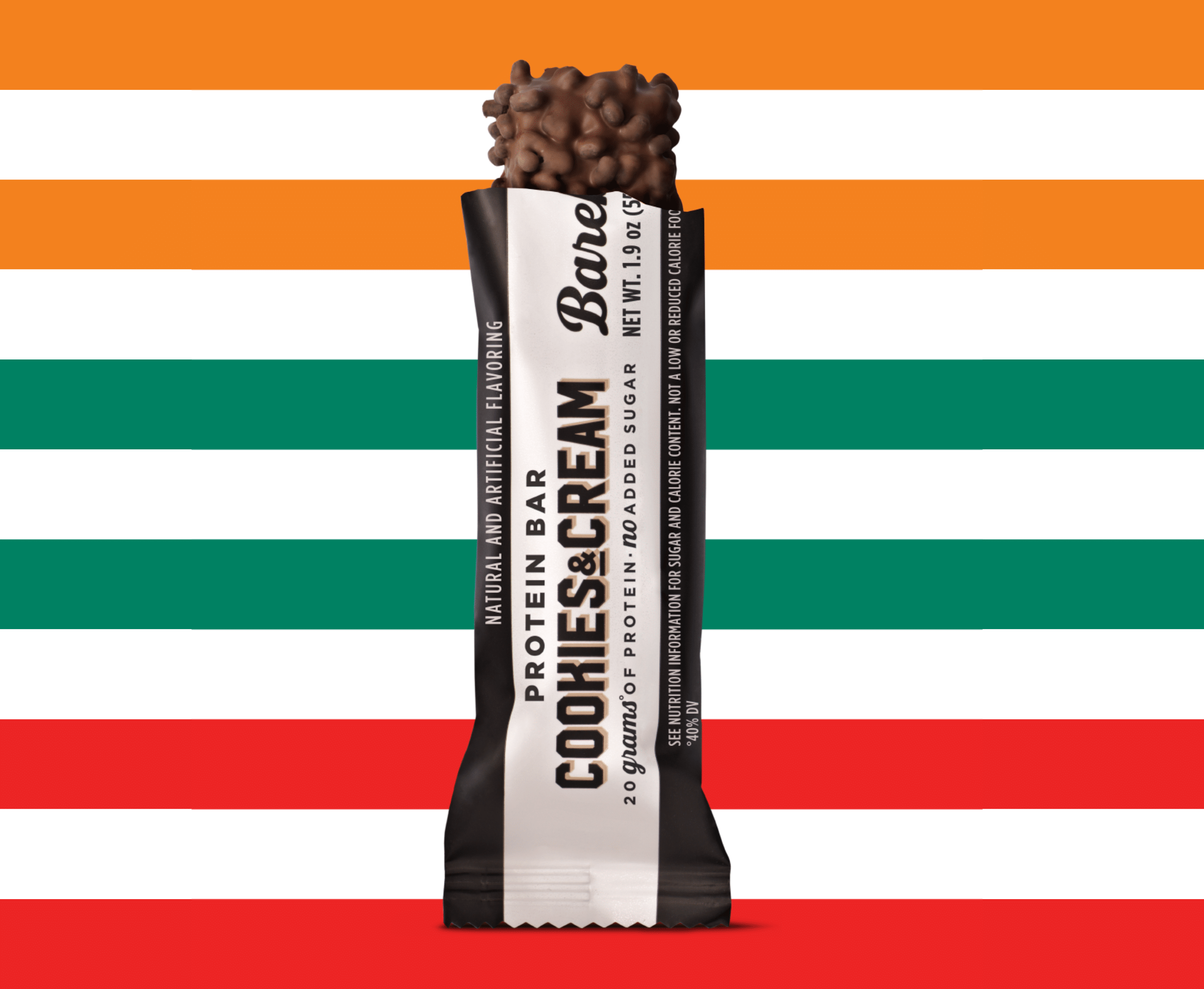 Protein bar with "Cookies & Cream" flavor on a striped orange, white, and green background.