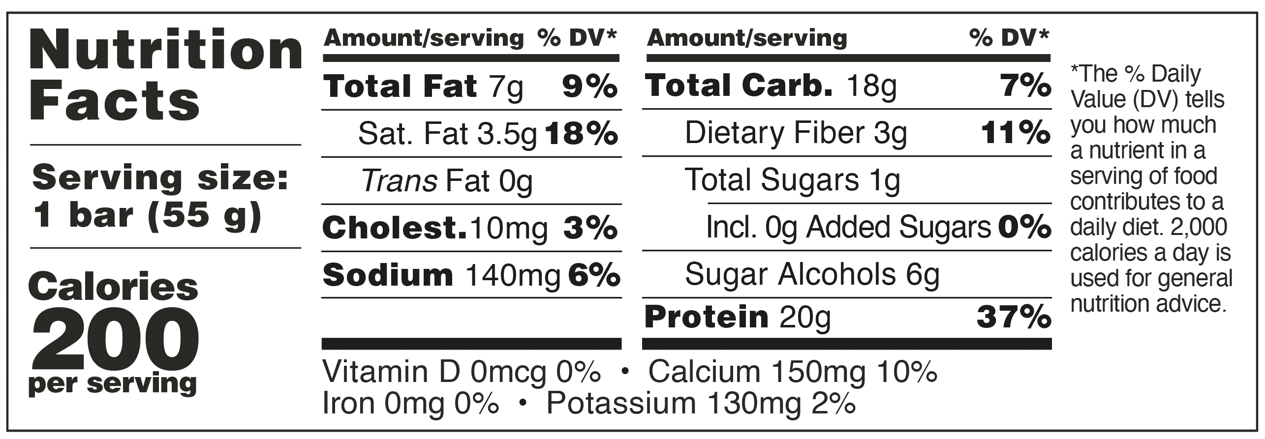 Nutrition facts label for a 55g bar: 200 calories, 20g protein, and various vitamins and minerals.